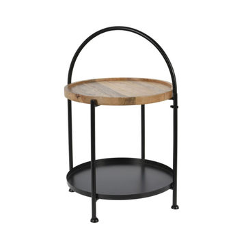 Double Tier Black Metal Side Table with Wooden Tray - 55x40cm