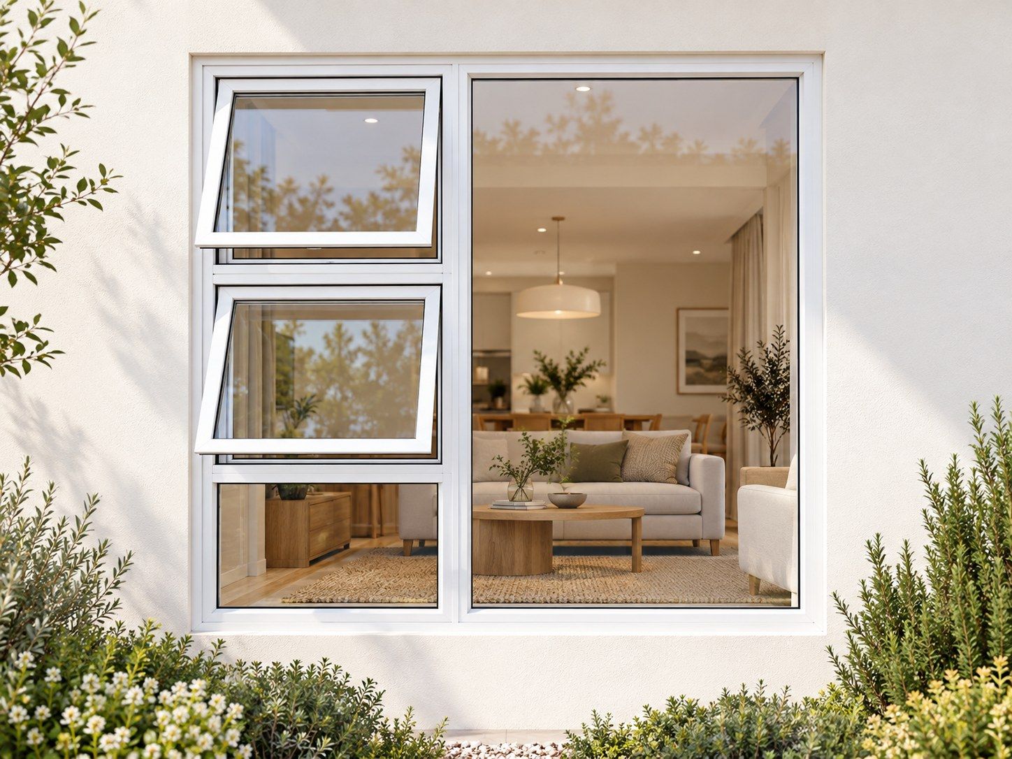 Kenzo Premium Top-Hung Aluminium Window - White, 1800 1500 mm, Left Two Openers with Fixed Lower and Side Panes, Clear Glass