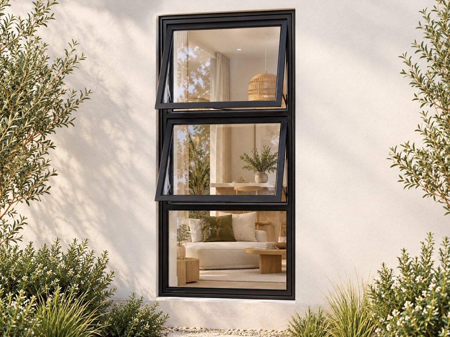 Kenzo Premium Top-Hung Aluminium Window - Black, 900 1500 mm, Two Stacked Openers with Fixed Lower Pane, Clear Glass