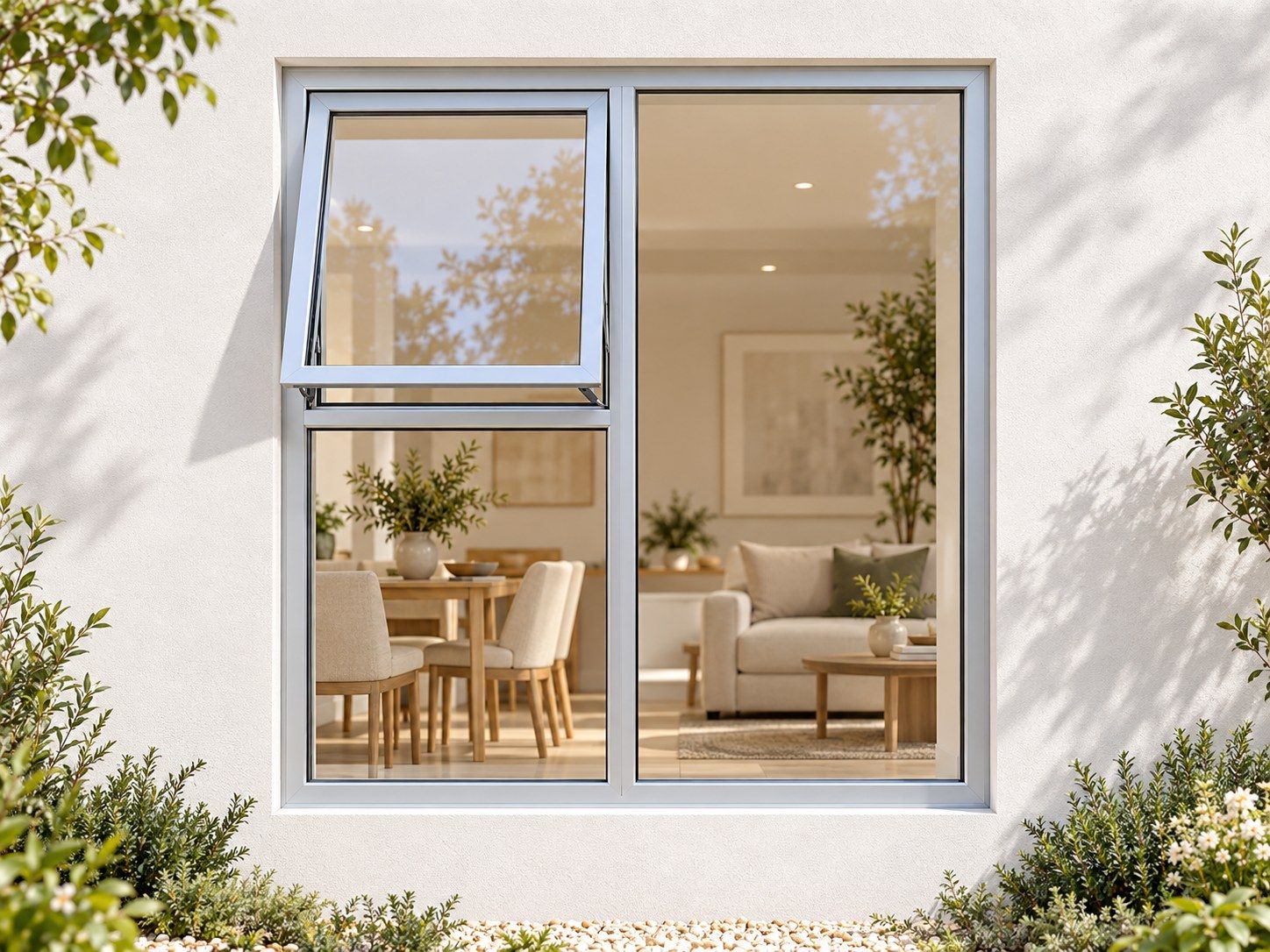 Kenzo Premium Top-Hung Aluminium Window - Silver, 1200 1200 mm, Left Upper Opener with Fixed Lower and Side Panes, Clear Glass