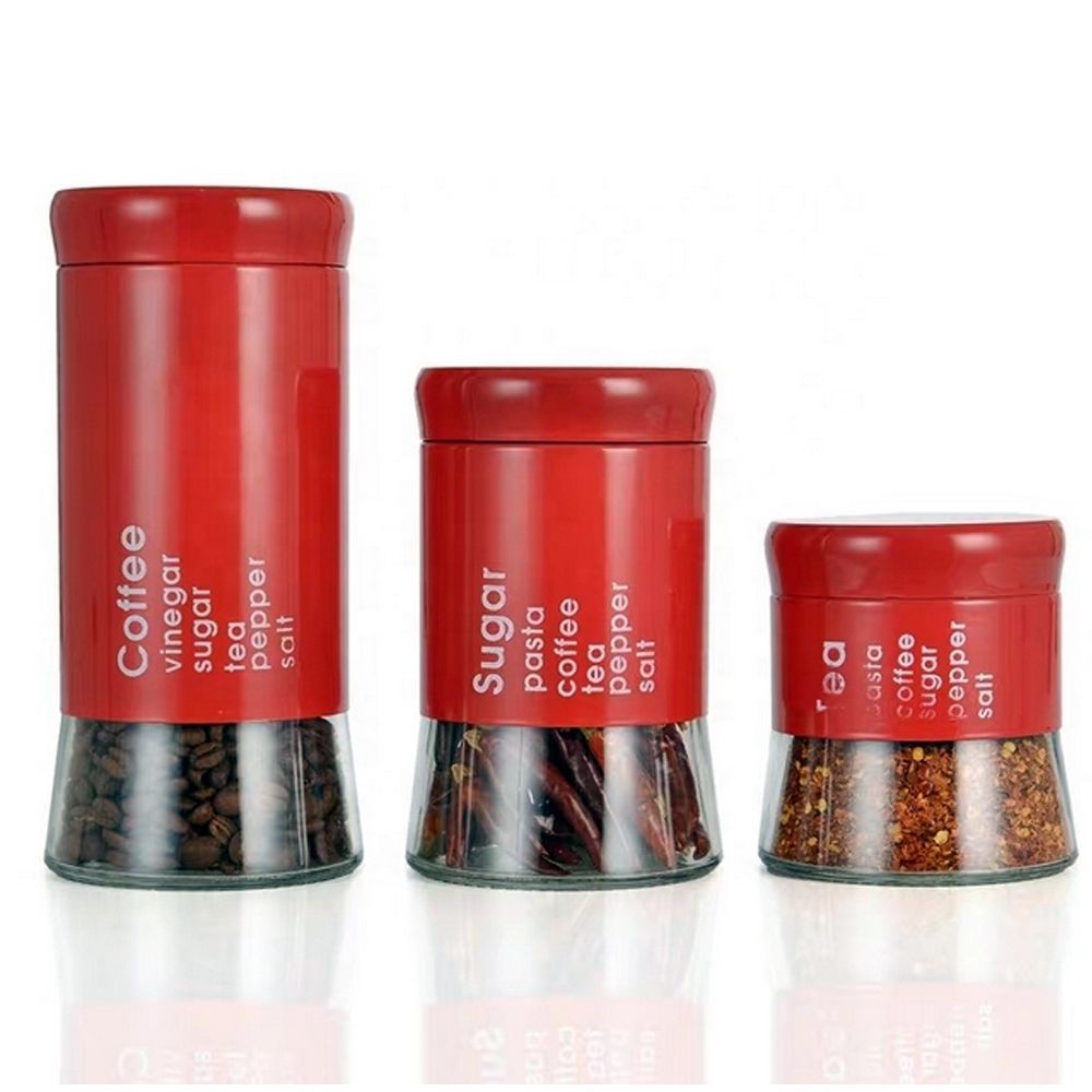 DH - Kitchen Food Storage Airtight Coffee Tea Pasta Sugar Canister Set - Red Transparent