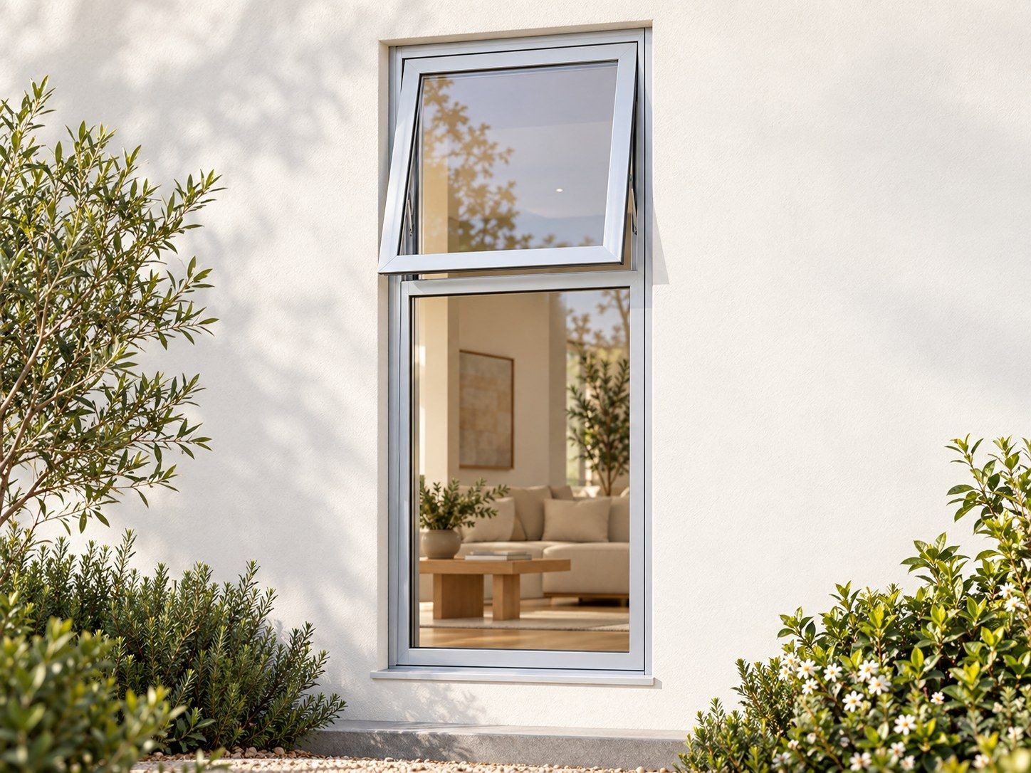 Kenzo Premium Top-Hung Aluminium Window - Silver, 600 1500 mm, Upper Opener with Fixed Lower Pane, Clear Glass