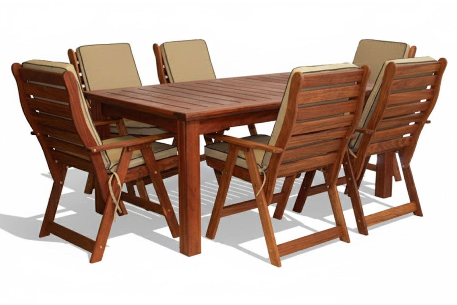 Zambezi Teak Patio Dining Set 6-Seater 1800mm x1 Table x6 Highback Chairs (Beige Cushions)