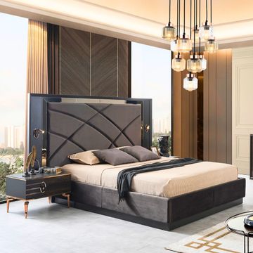 SAROS King Extra Length Storage Bedroom Suite with Headboard, 2 Pedestals & Touch Lights – Mattress Not Included