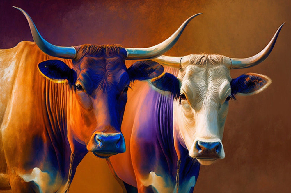 Canvas Wall Art - Two Colourful Sahiwal Cattle - B1445 - [120 x 80 cm]