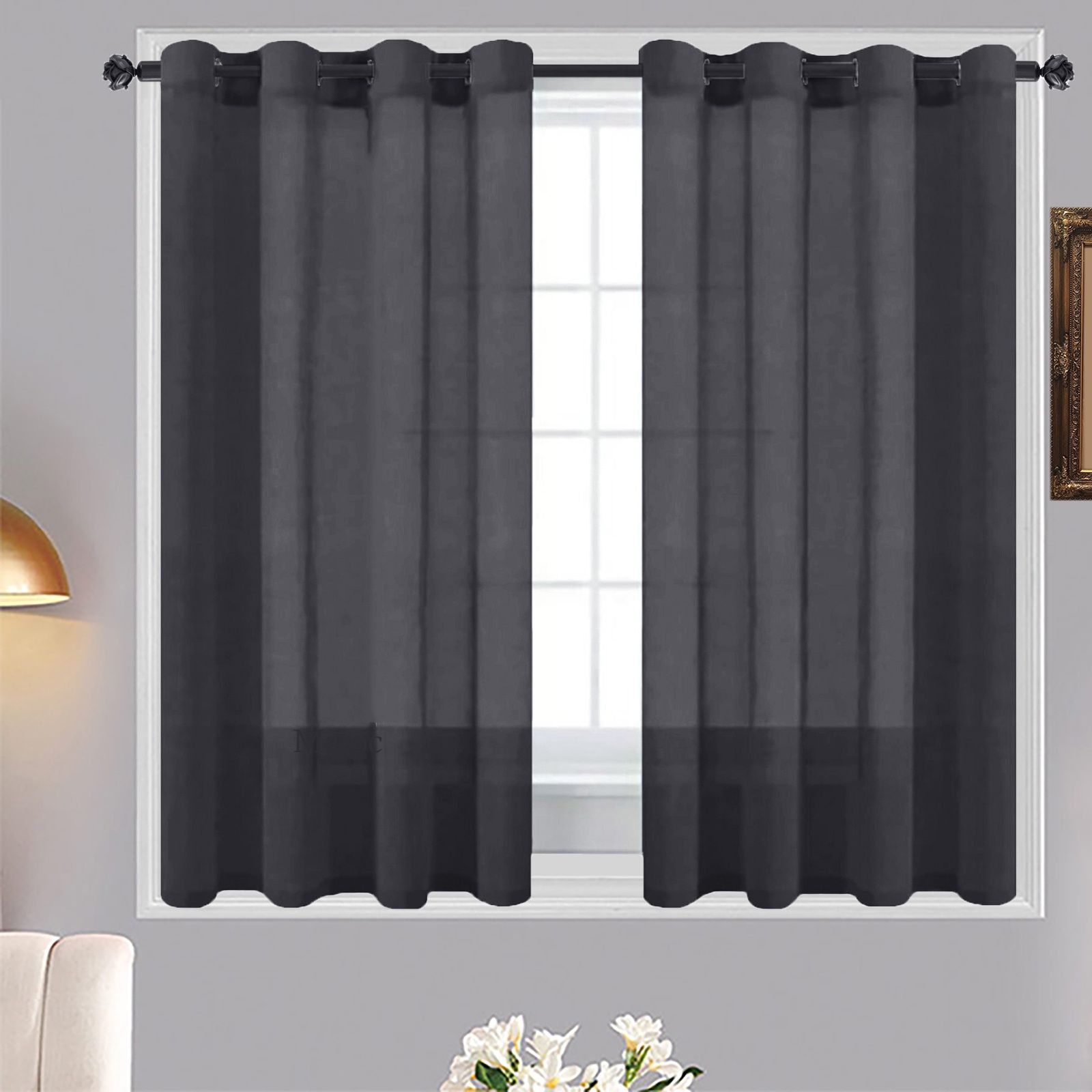 Matoc Designs Café Curtain - Mystic Voile - Charcoal - Eyelet - 110cm W x 123cm H -  2 Pack