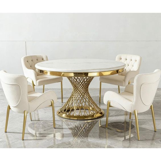 DecorMama Round Marble Dining Set – Table with Four Upholstered Chairs