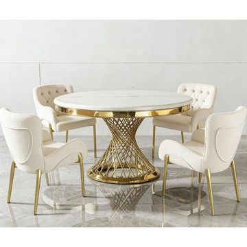 DecorMama Round Marble Dining Set – Table with Four Upholstered Chairs