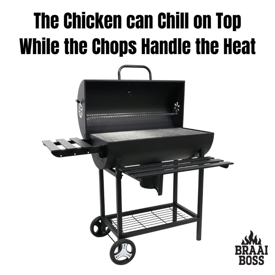 BraaiBoss 70cm Premium Charcoal Barrel Braai with Thermometer, Warming Rack, Ash Catcher & Side Shelves