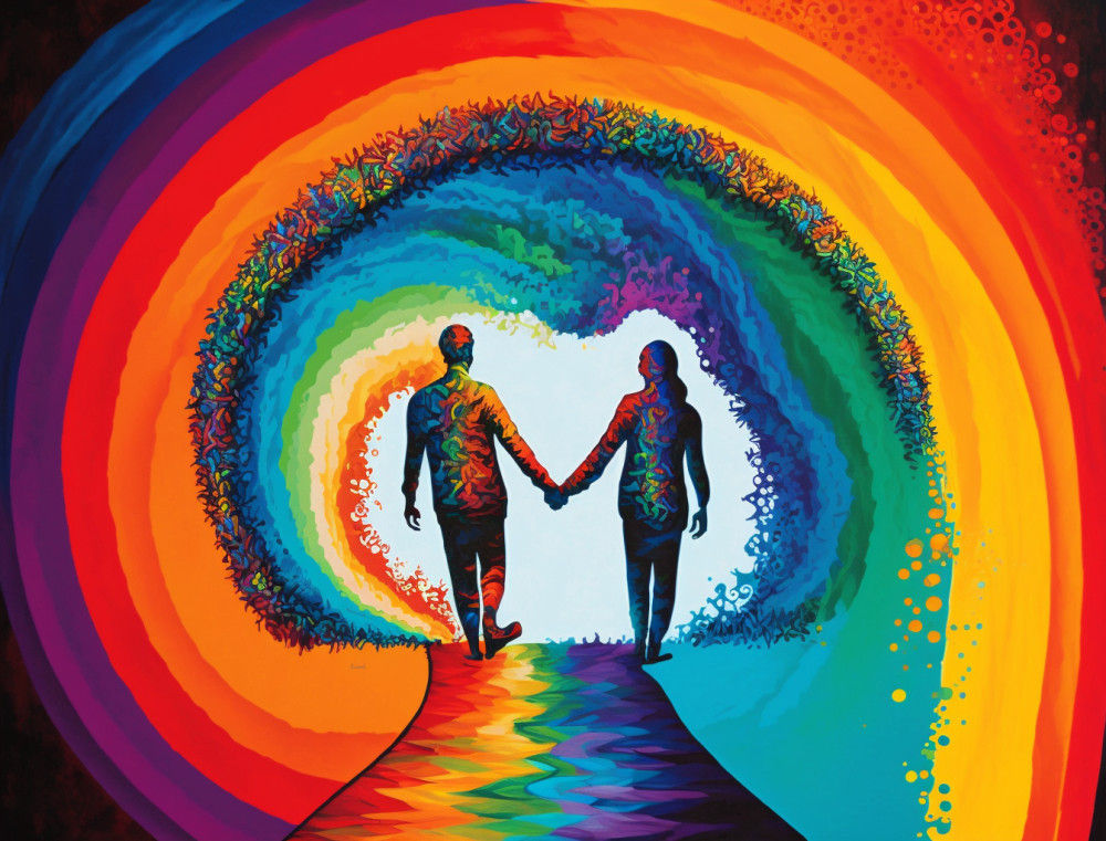 Canvas Wall Art - Rainbow Connecting Two Figures - B1381 - [120 x 80 cm]