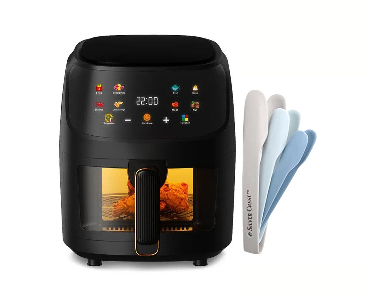 8L Air Fryer with Clear View Food Basket and Nesting Tongs Set - Black