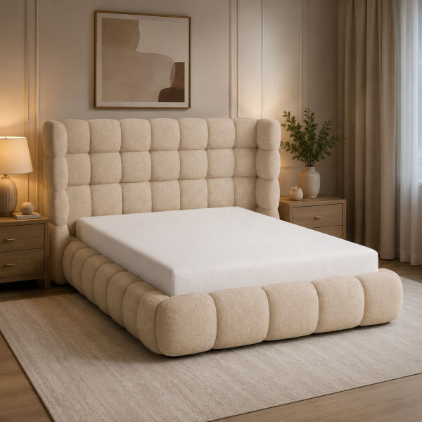 Califia Furniture Queen Beige Upholstered Bed Frame with Oversized Padded Block Headboard