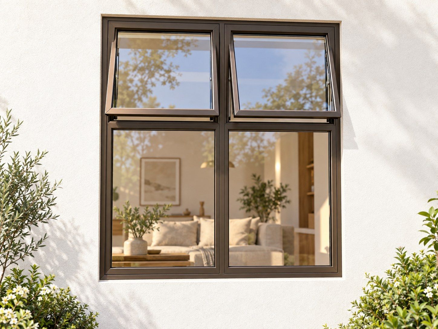 Kenzo Premium Top-Hung Aluminium Window - Bronze, 900 1200 mm, Two Upper Openers with Fixed Lower Panes, Clear Glass