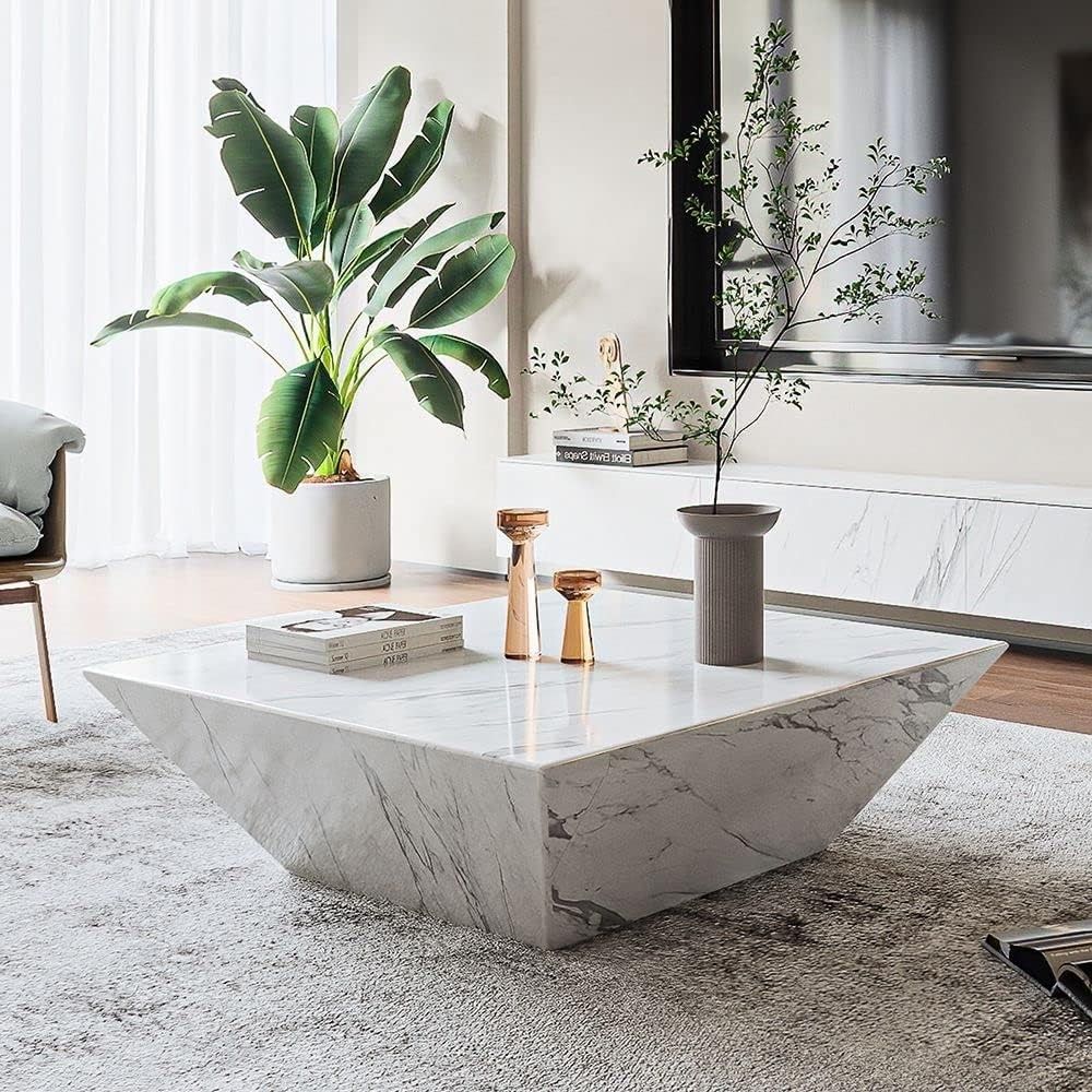 Ziyane - Dainera Modern Drum Coffee Table, Trapezoid Faux Marble Coffee Table