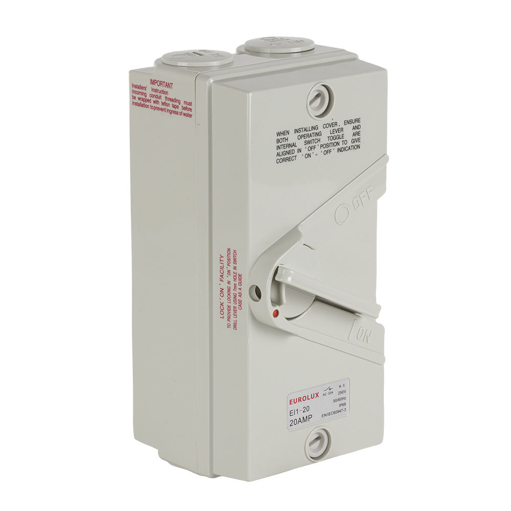 Eurolux - Isolator Switch - 1 Pole - 20 Amp - 250v - Ip66 - Grey - 2 Pack