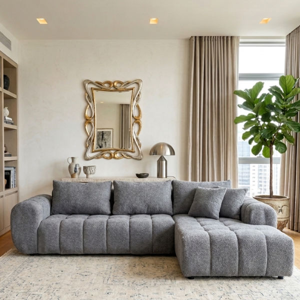 Lucky Furn Modern Grey Textured Channeled L-Shape Sectional Sofa