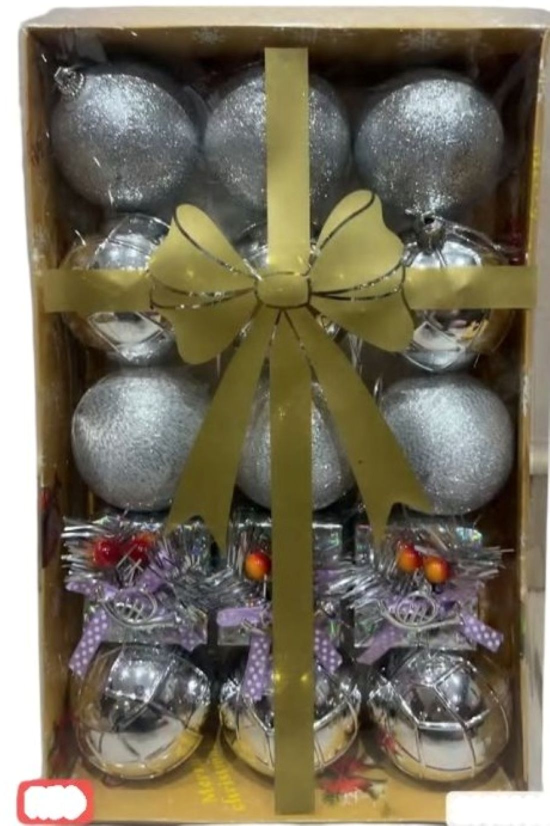 Christmas Tree Ornaments Set, 12-Piece Silver Glitter Baubles with Bells and Gold Bow-SILVER