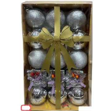 Christmas Tree Ornaments Set, 12-Piece Silver Glitter Baubles with Bells and Gold Bow-SILVER