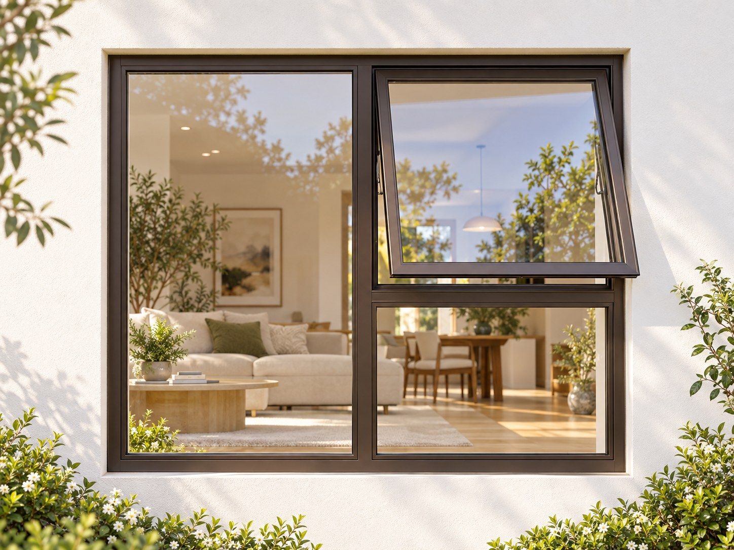 Kenzo Premium Top-Hung Aluminium Window - Bronze, 1200 900 mm, Right Upper Opener with Fixed Lower and Side Panes, Clear Glass