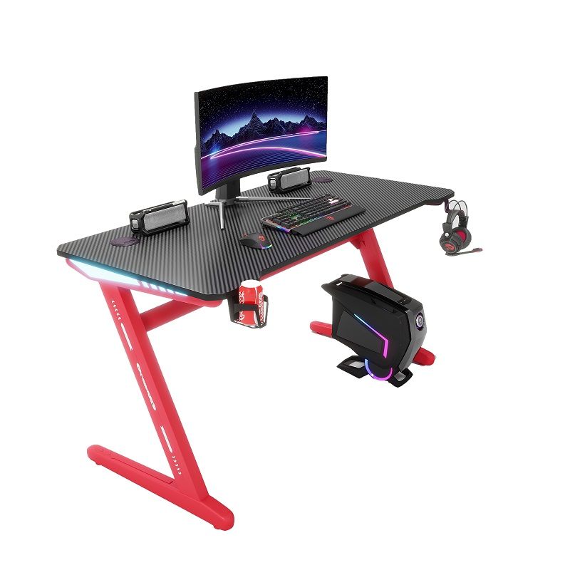 ERGONOMIC RGB & LED Gaming Desk,140cm Z Shaped Home Computer Table - Red