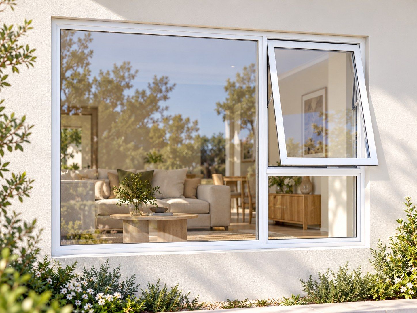Kenzo Premium Top-Hung Aluminium Window - White, 2100 900 mm, Right Upper Opener with Fixed Lower and Side Panes, Clear Glass