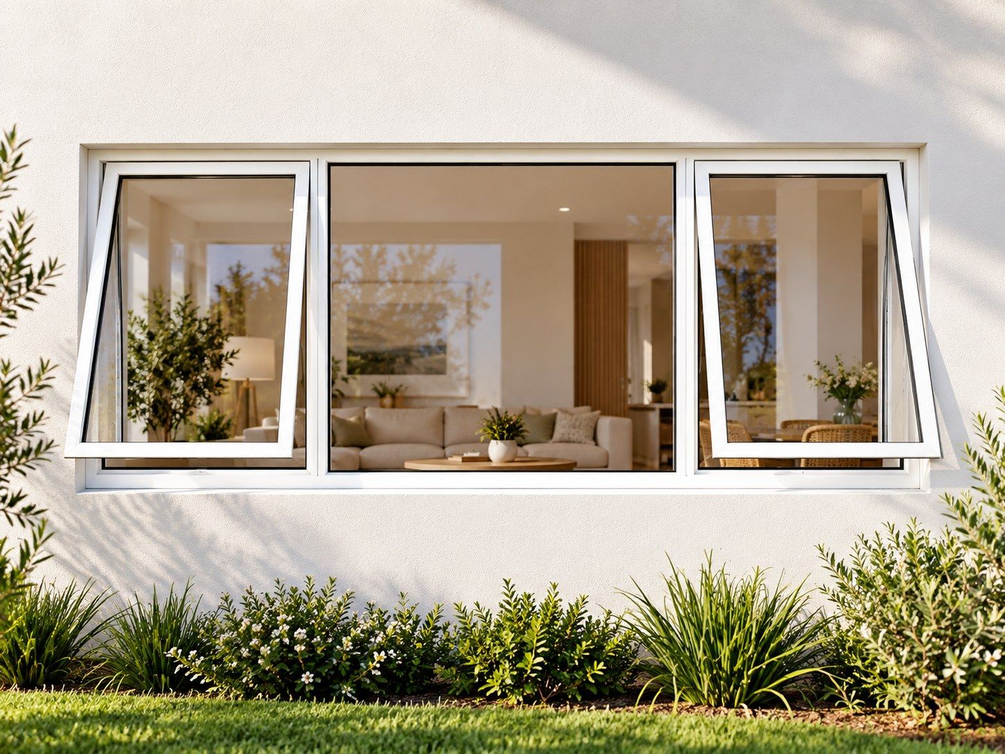 Kenzo Premium Top-Hung Aluminium Window - White, 2100 600 mm, Two Outer Openers with Fixed Centre, Clear Glass