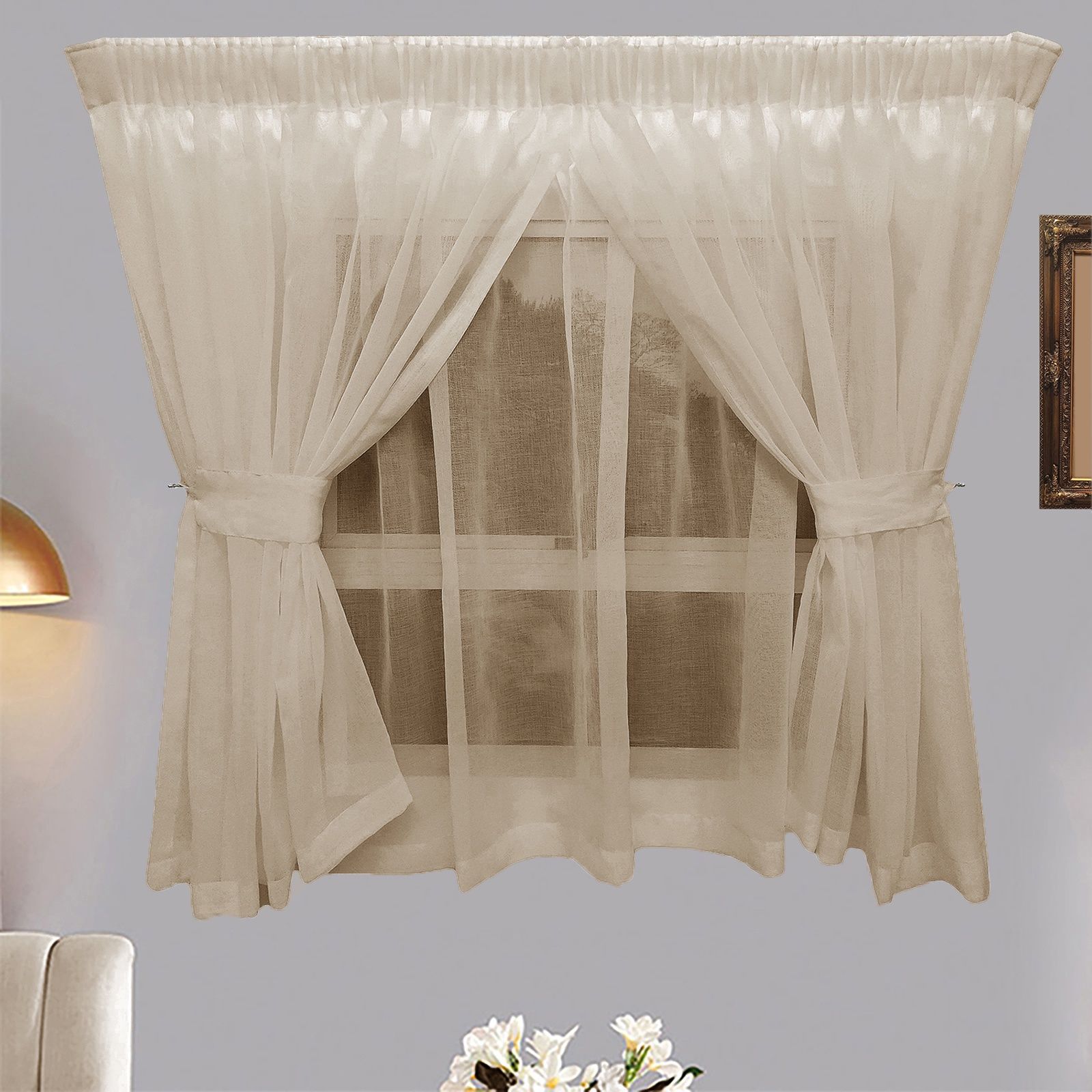 Matoc Designs Curtain - Café Double Layer - Mystic Voile - Stone - Taped - 300cm W x 120cm H