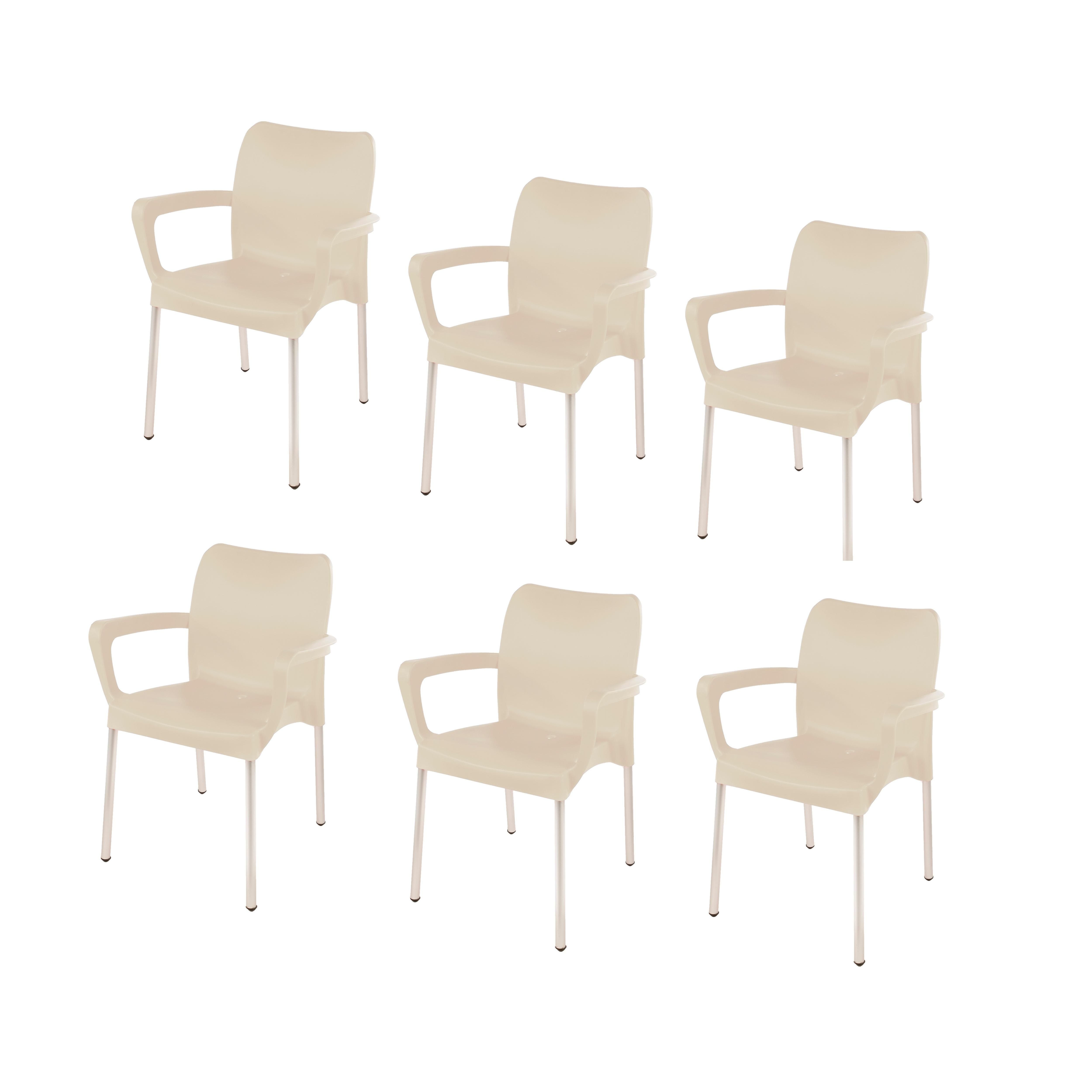 Heavy Duty Plastic Stacking Chair – Bistro Design with Armrests - Beige - Set of 6