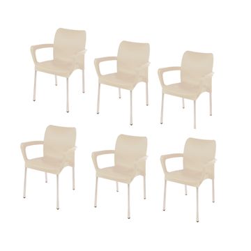 Heavy Duty Plastic Stacking Chair – Bistro Design with Armrests - Beige - Set of 6