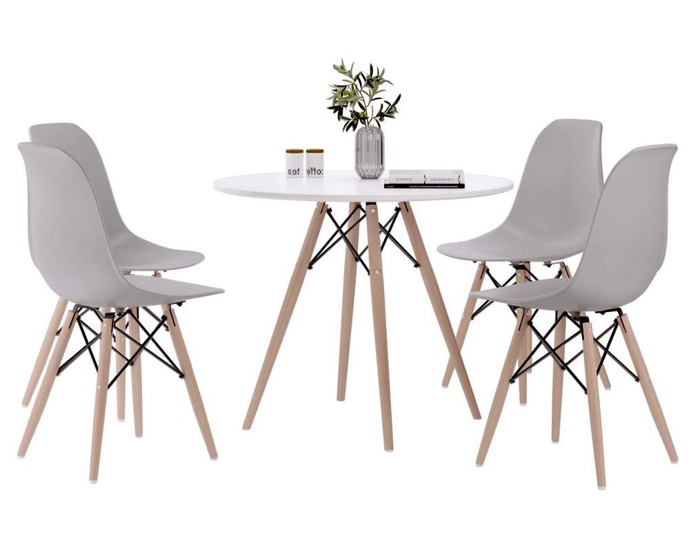 Round Table and Wooden Leg Chairs (5 Pieces)
