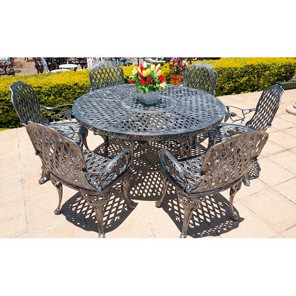Ageless & Beautiful!   6 Seater Cast Aluminium Patio Furniture Set / Garden Furniture Set / Outdoor Furniture Set - 6 x King Grape Chairs with  Round 155cm Round Ageless & Beautiful! Cast Aluminium Patio Table - King Grape