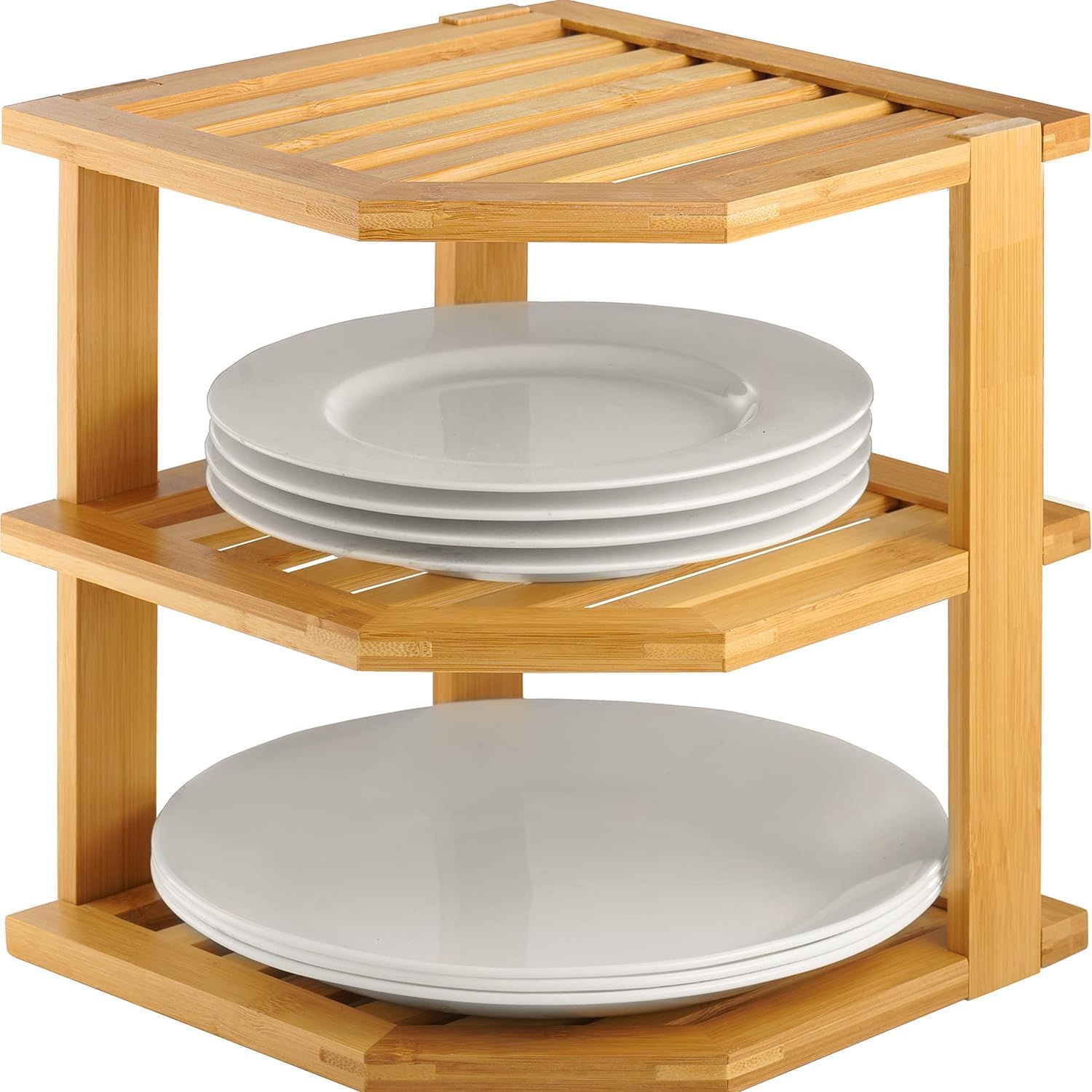 3 Tier-Bamboo Plate Organiser For Cupboard Cabinet & Bathroom Corner Shelf