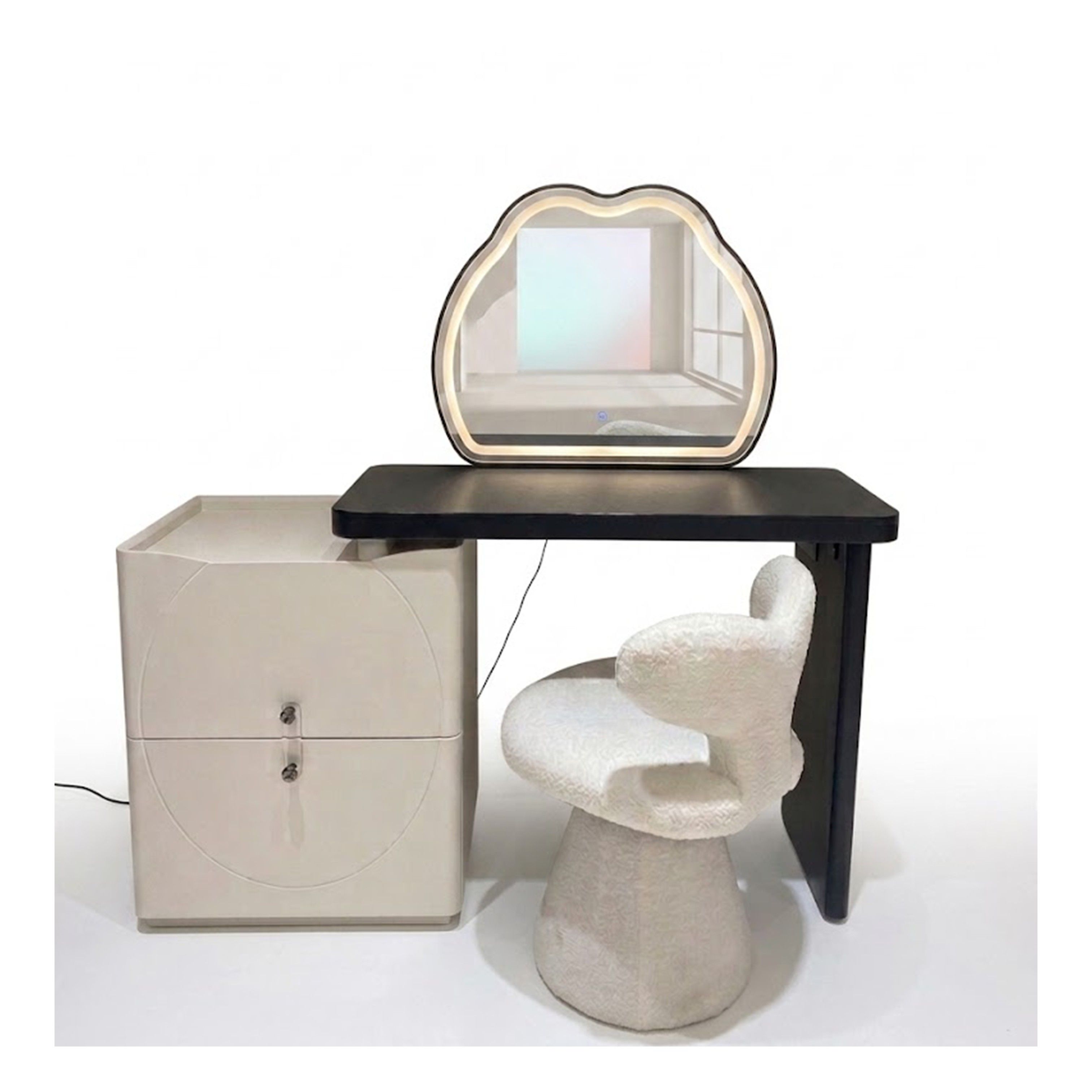 Madiega Furniture - Modern Contrast Vanity Table Set with Wave LED Mirror & Bouclé Accent Chair