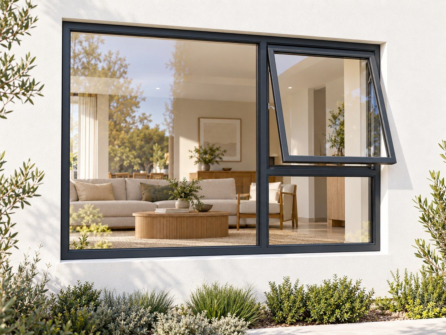 Kenzo Premium Top-Hung Aluminium Window - Charcoal, 1800 900 mm, Right Upper Opener with Fixed Lower and Side Panes, Clear Glass