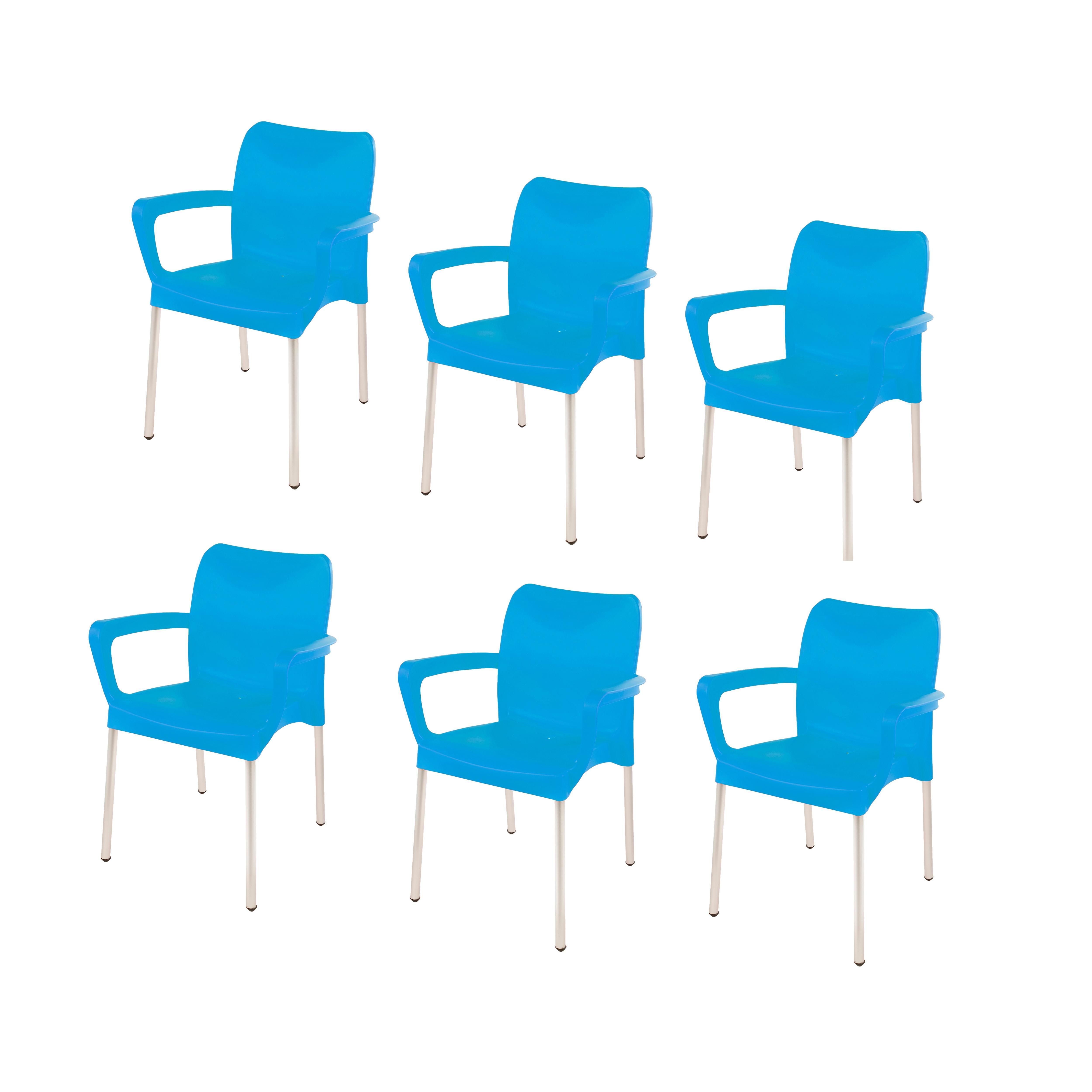 Heavy Duty Plastic Stacking Chair – Bistro Design with Armrests - Sky Blue - Set of 6