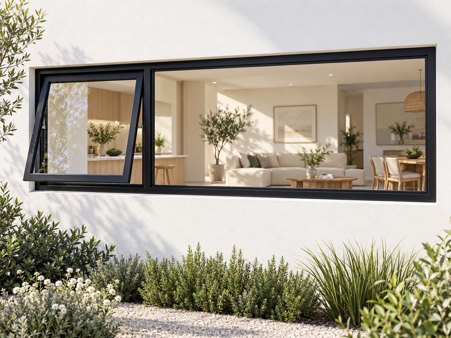 Kenzo Premium Top-Hung Aluminium Window - Black, 2400 600 mm, Left Upper Opener with Fixed Side Pane, Clear Glass