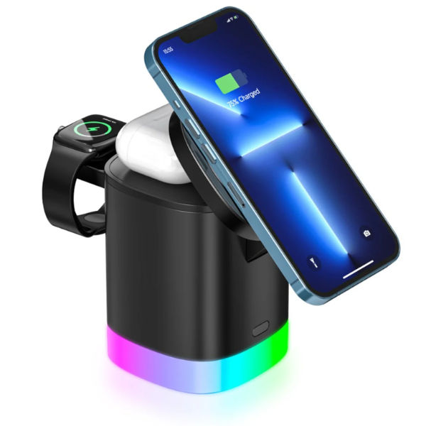 3 in 1 Magnetic Wireless Charger Folding Charging Stand, Cordless Charging Station with RGB Light - Black