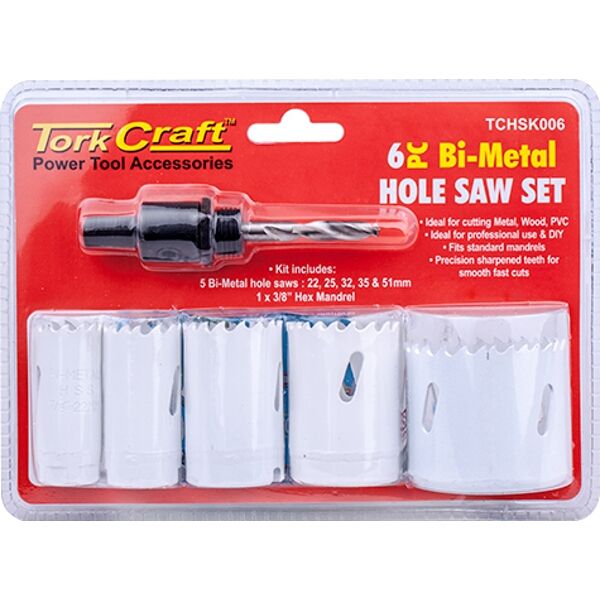 Hole Saw Set 6Pce Bi-Metal (22/25/32/35/51Mm & 3/8 Hex Mandrel)