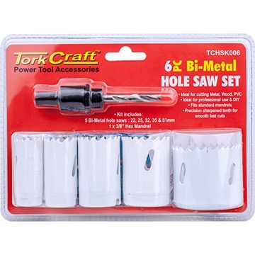 Hole Saw Set 6Pce Bi-Metal (22/25/32/35/51Mm & 3/8 Hex Mandrel)