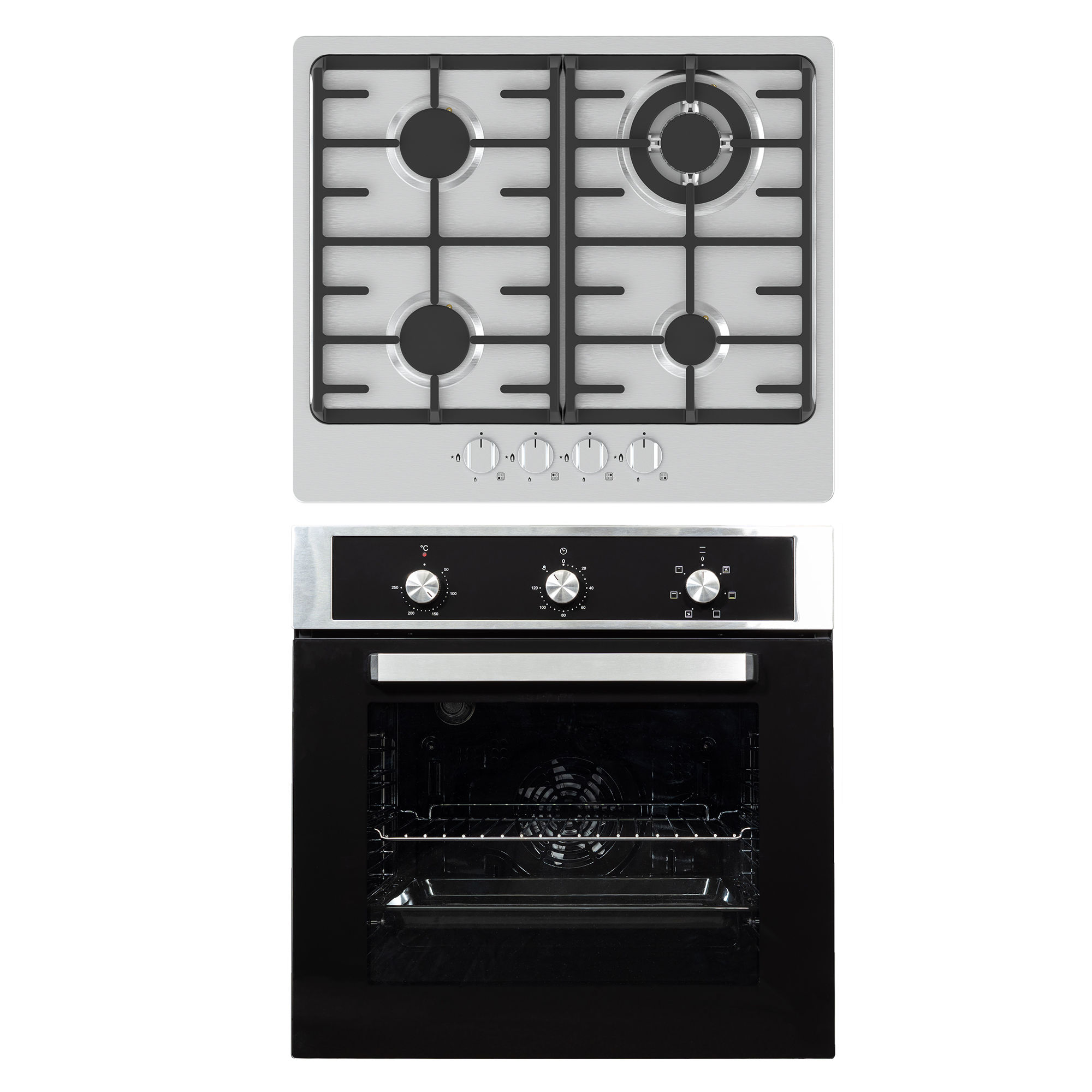 60cm Combi 6 Function Oven Set With 4 Burner Stainless Steel Gas Hob