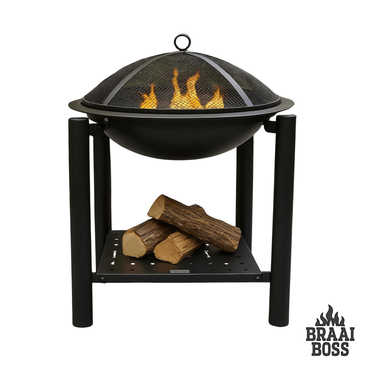 BraaiBoss – 57cm Fire Pit & Braai Grill with Wood Rack, Mesh Cover & Fire Poker