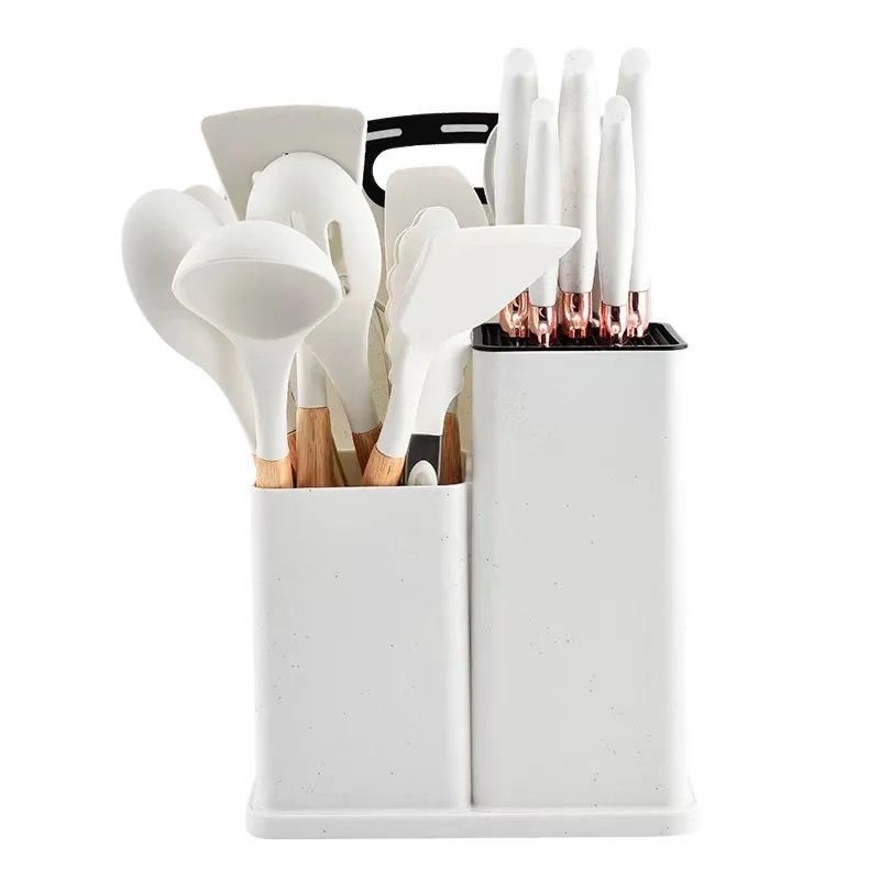 19 Piece Silicone Kitchen Set with Knives, Cutting Board and Storage Rack - White