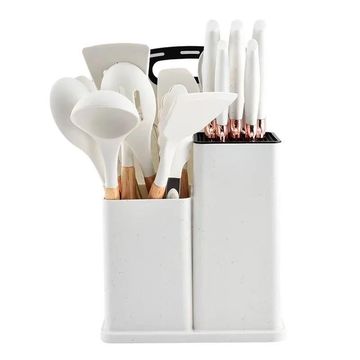19 Piece Silicone Kitchen Set with Knives, Cutting Board and Storage Rack - White