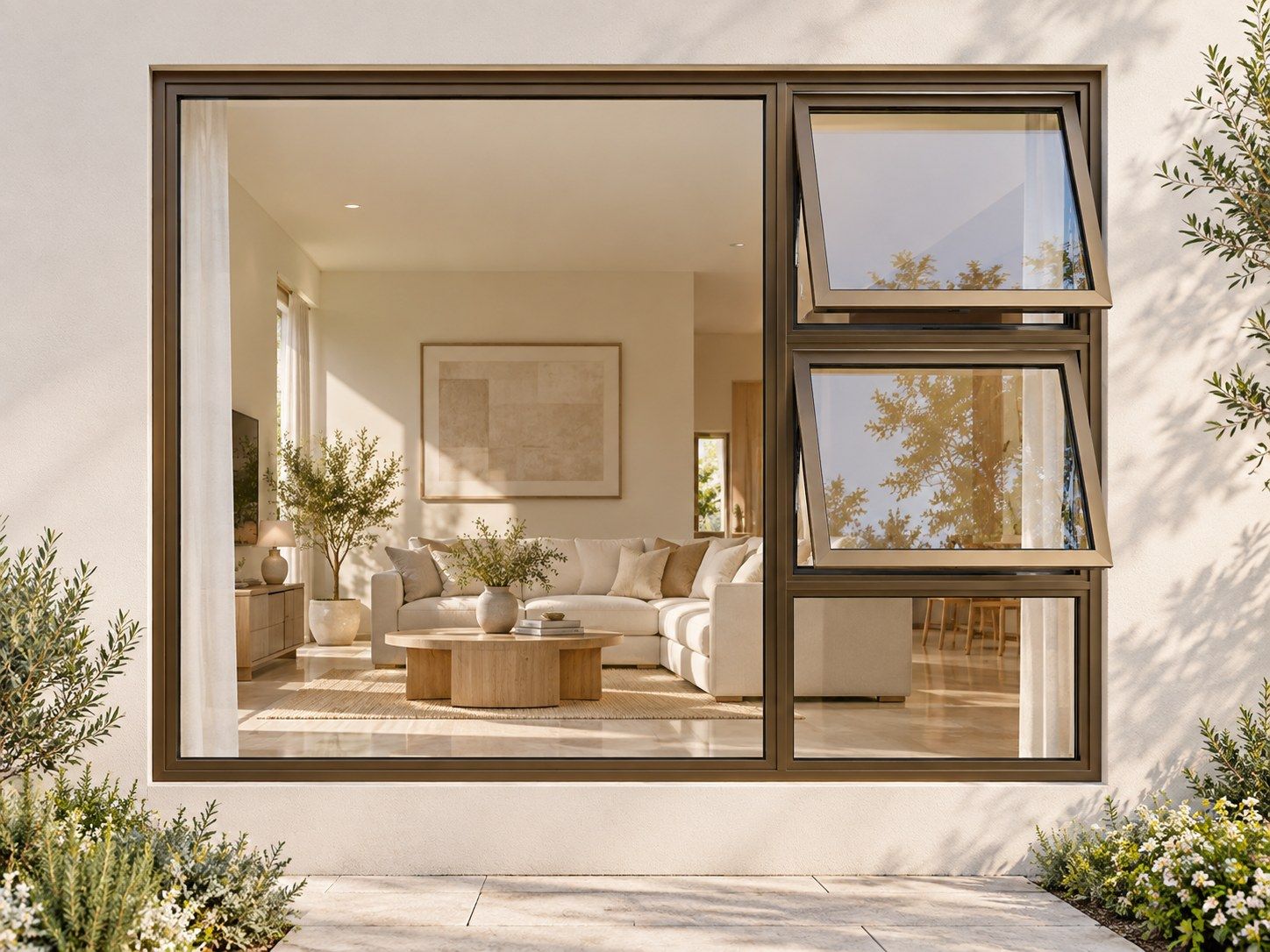 Kenzo Premium Top-Hung Aluminium Window - Bronze, 2400 1800 mm, Right Two Openers with Fixed Lower and Side Panes, Clear Glass