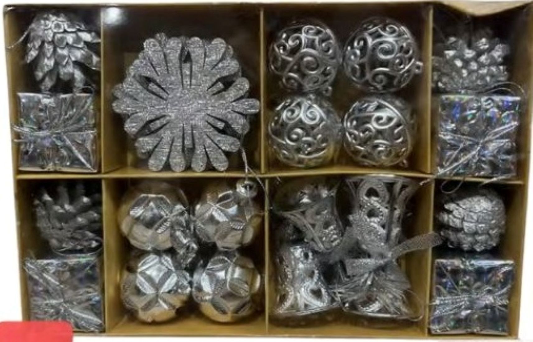 Decorative Christmas Ornaments Set, 24 Pieces, Assorted Designs-Silver