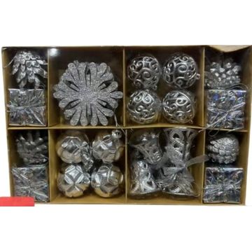 Decorative Christmas Ornaments Set, 24 Pieces, Assorted Designs-Silver