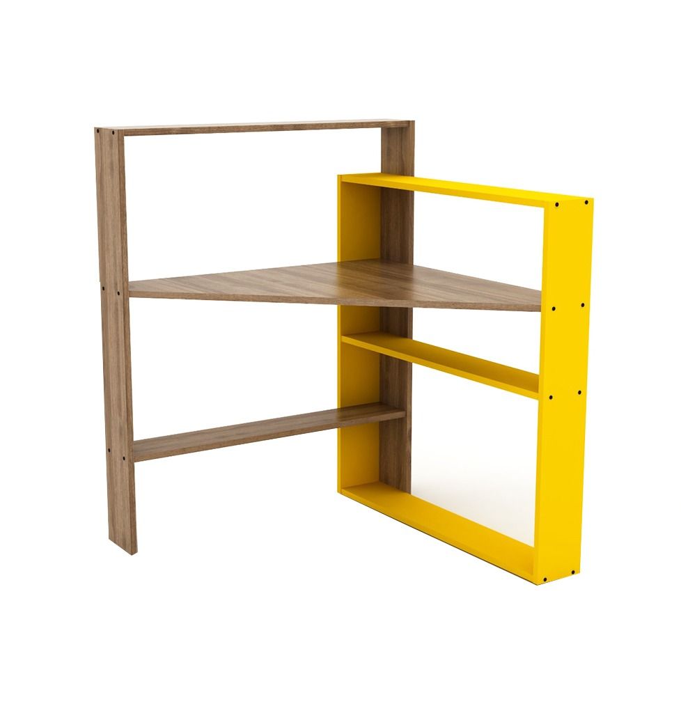 WOODLY Modern Artsy Multi-Functional Design Corner/Side Desk & Bookshelf - Walnut & Yellow