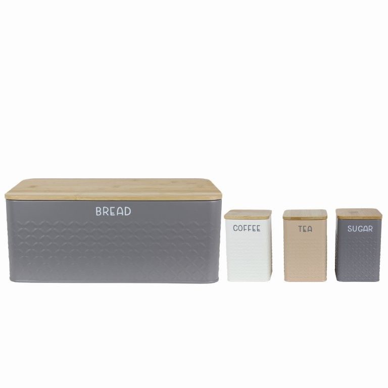 CASA Monza Bread Bin & 3PC Canister Set |Bamboo Lids & Iron Bodies | Bread, Tea, Coffee, Sugar Labels | Multi-Colour