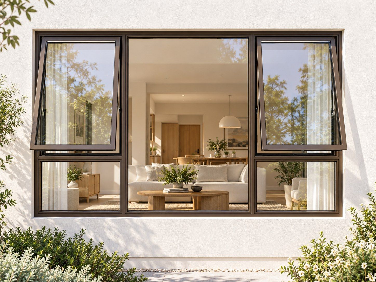 Kenzo Premium Top-Hung Aluminium Window - Bronze, 2100 900 mm, Two Outer Openers with Fixed Centre and Lower Panes, Clear Glass