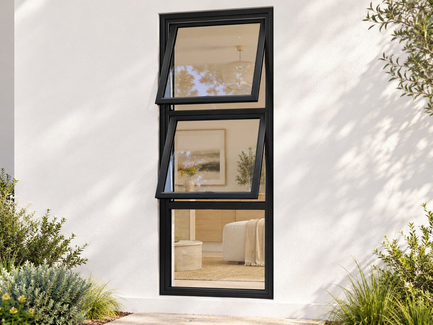Kenzo Premium Top-Hung Aluminium Window - Black, 600 1500 mm, Two Stacked Openers with Fixed Lower Pane, Clear Glass